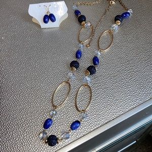 Gold with Blue Stone Necklace & Earrings